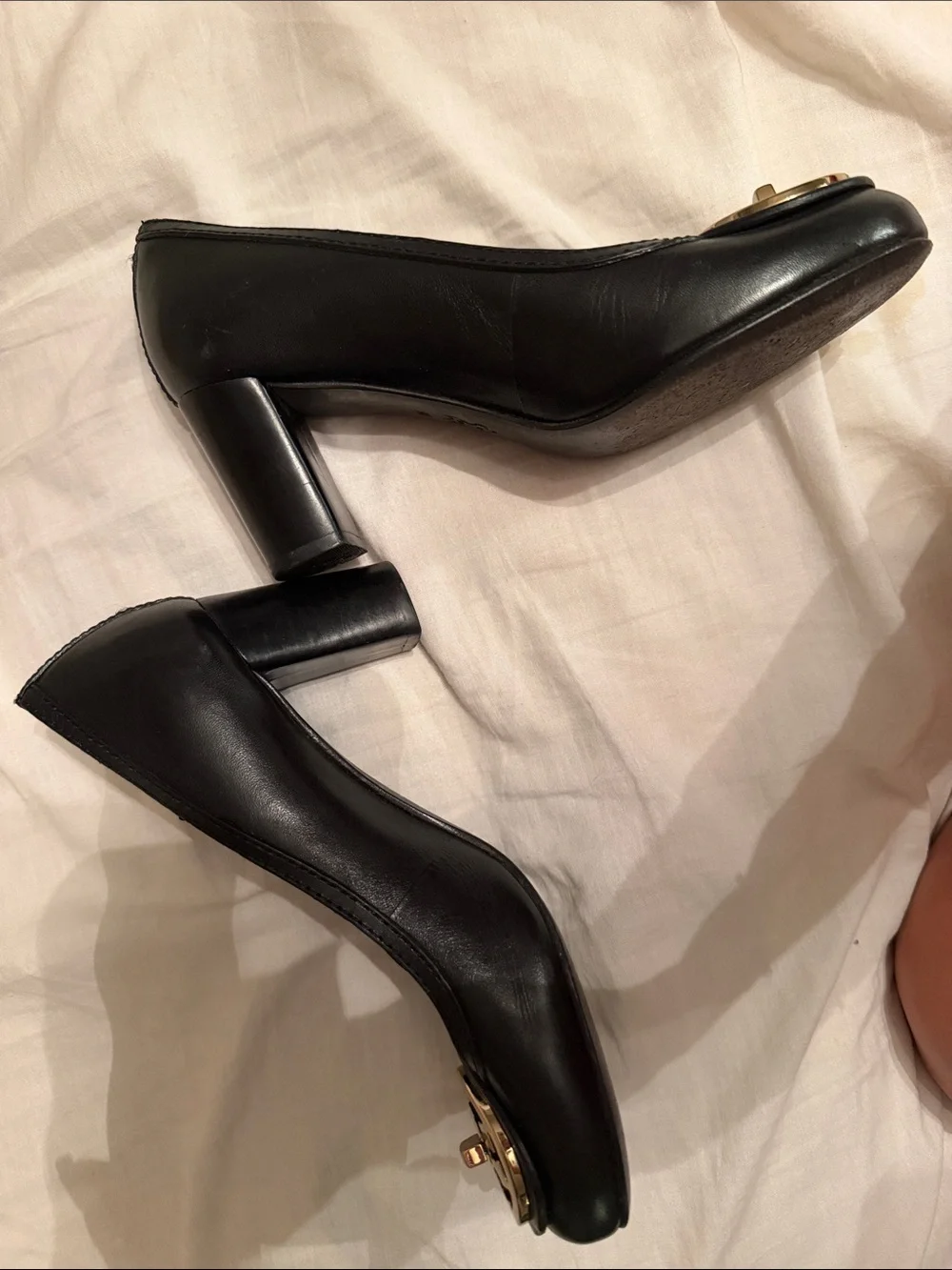 Tory Burch Black Leather chunky heels with Gold Logo Medallion